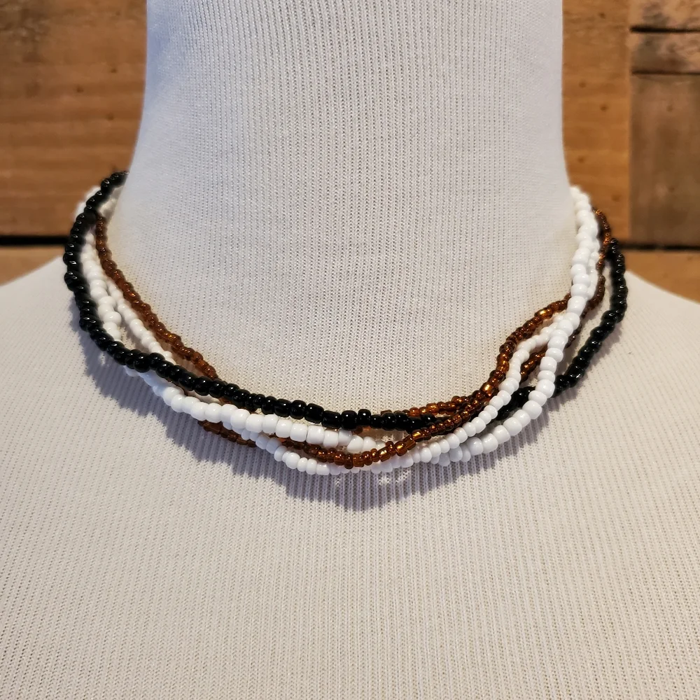 Brown, white & black multi-strand seed bead necklace